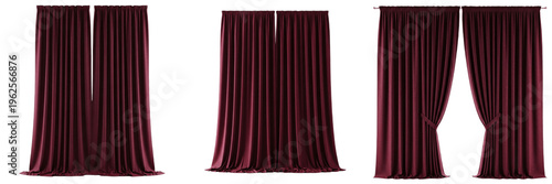 Canvastavla Set of elegant dark burgundy maroon window curtains with soft flowing folds isol