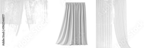 Photos Set of modern white sheer window curtains with soft wave folds isolated on white