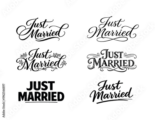 The phrase Just Married interpreted through six visually different lettering treatments presented as a coordinated typographic collection arranged in a neat