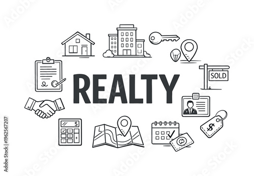 Real estate buying and property investment concept focused on searching homes, evaluating options, and making secure housing decisions in a competitive market. REALTY title with