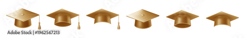 Realistic gold graduate caps set. 3D Graduation Doctoral hat