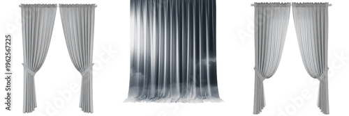 Modern Grey Sheer Curtains Collection Isolated on White Background: Three Realistic Voile Window Treatment Styles Including Elegant Tied-Back Drapes and Full Hanging Drapery Panels