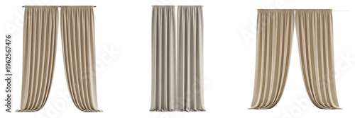 Set of elegant beige window curtains with soft folds isolated on white background for interior design