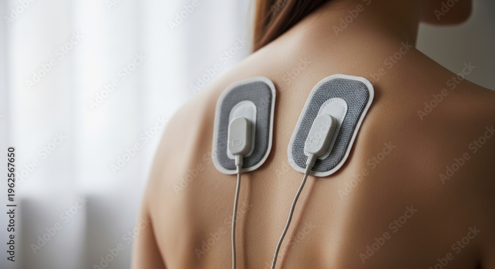 Fototapeta premium Woman using electronic muscle stimulation device on back