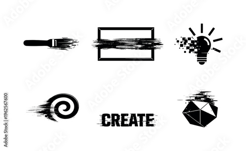 Digital creativity and generative design concept  a set of five glitch-distorted monochrome symbols floating as isolated specimens on a perfectly clean white