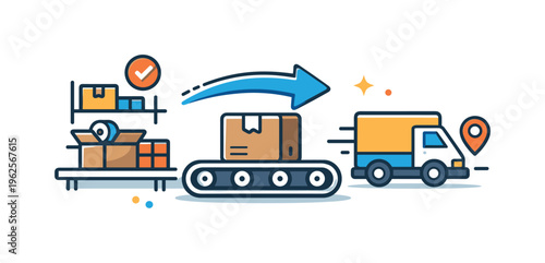 E-commerce fulfillment and shipping process highlighting packaging, sorting, and dispatch of orders to customers efficiently, a conveyor belt with a single box and an arrow element