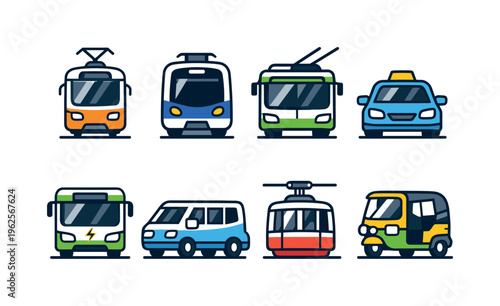 Public and shared transport: tram vehicle, metro train front, trolleybus, rideshare car with roof sign, electric bus, minivan shuttle, cable car cabin, auto rickshaw