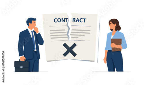 Contract cancellation or agreement termination in a corporate setting, represented by a paper sheet with a visible tear combined with a simple cross mark and a subtle separation