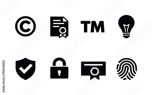 Intellectual property protection: copyright symbol, patent document, trademark symbol, light bulb idea, shield with checkmark, lock, certificate, fingerprint