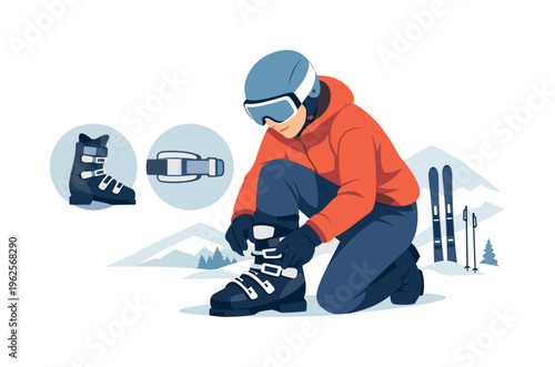 A ski boot fastening scene where a person secures gear before entering a snowy slope environment with attention to fit and safety, a ski boot and a fastening