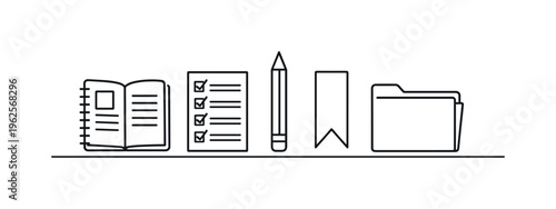 Knowledge organization and note taking system for capturing ideas and structuring information in a clear and efficient way, notebook, checklist sheet, pencil, bookmark, and folder