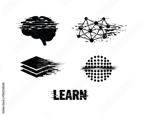 Neural networks and machine learning theme, a set of four glitch-distorted monochrome objects placed on a perfectly clean white background, each object carrying