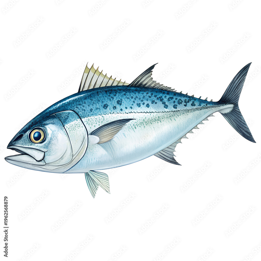 Fototapeta premium Detailed scientific illustration of a Spanish mackerel fish isolated on white.