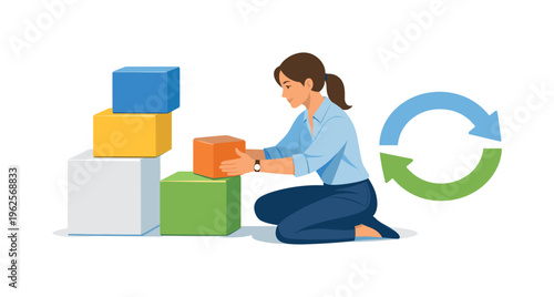 An organizational restructuring and change adaptation scene showing a thoughtful team member rearranging elements beside a simple modular block structure and a directional refresh