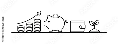Simple financial growth and long term savings planning for stable wealth building and responsible money habits, coin stack, upward arrow, piggy bank, wallet, and small plant