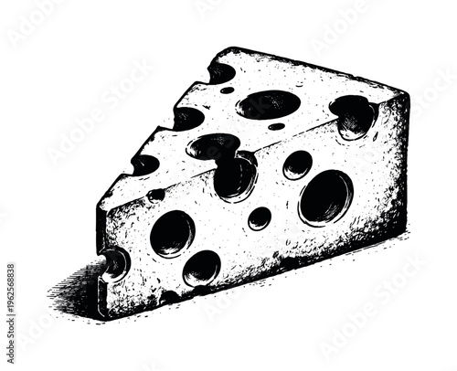A realistic slice of Swiss cheese shown in three-quarter perspective, enlarged to fill most of the frame and isolated on a perfectly clean white background, its