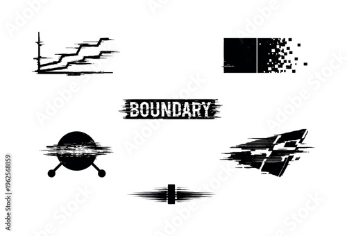 Theme: artificial intelligence decision boundaries and classification edges  a set of 5 glitch-distorted monochrome objects placed on a perfectly clean white