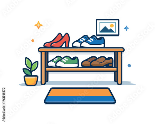 Evening shoe rack organization inspired by cultural habits of keeping entryways tidy and maintaining order in shared living spaces, a compact shoe rack paired with neatly aligned