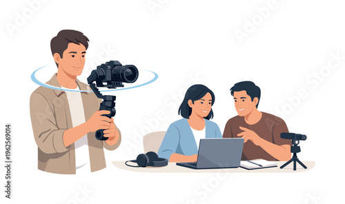 Stable video production and smooth content creation workflow for modern creators, represented by a handheld camera gimbal holding a single camera device with a subtle motion