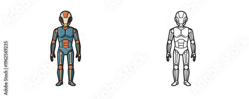 Humanoid exoskeleton suit in blue and orange cartoon style and black and white line art version isolated on white background representing future technology for enhancement