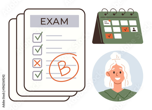 Education, academic progression, grading, scheduling, time management, and learning goals. Exam sheet graded with a B, calendar with marked dates female student portrait. Academic progression