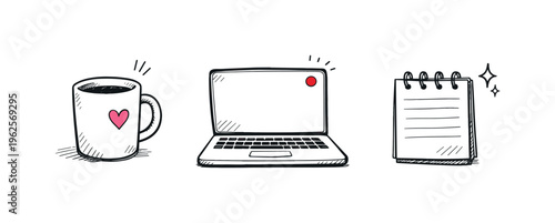 Simple office desk items theme  a horizontal row of 3 related hand-drawn objects on a white background, featuring a coffee mug with a tiny pink heart on the