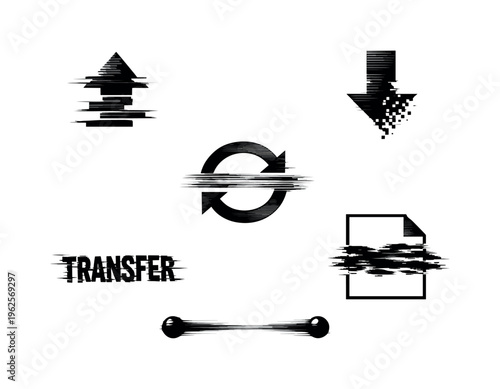 Theme: digital file transfer and exchange  a set of 5 glitch-distorted monochrome objects placed on a perfectly clean white background, each object carrying