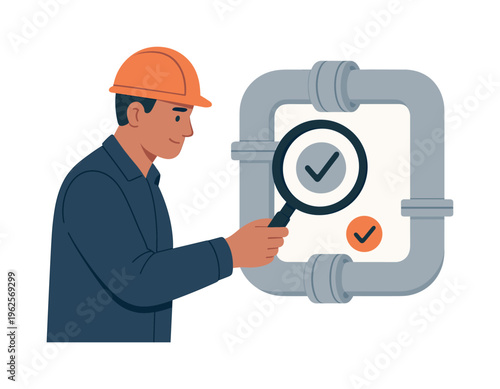 Maintenance and inspection of pipeline systems for safe and reliable operation, represented by a pipe combined with a magnifying glass and a small checkmark element, illustrating