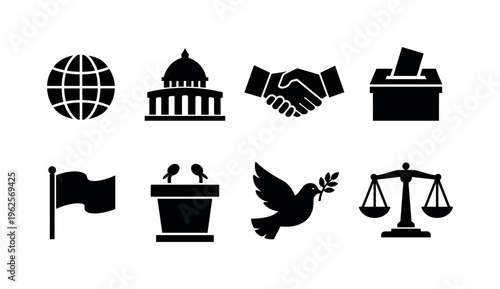 Global politics concept: globe, government building, handshake, ballot box, flag, podium, dove, scales of justice
