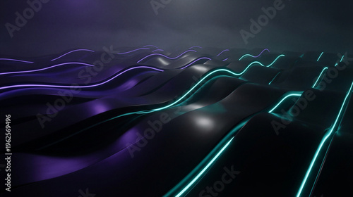 Abstract wavy terrain with glowing purple and green lines. Futuristic digital landscape visualization. Cyber energy flow and data stream concept.