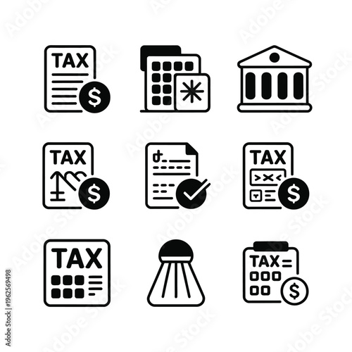 Tax icon set for financial and accounting purposes on white background