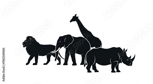 African Safari Animal Silhouettes Vector Set: Lion Elephant Giraffe and Rhino Profiles