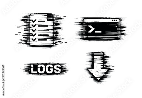 Digital system logs and monitoring theme, a set of three glitch-distorted monochrome objects arranged on a perfectly clean white background, each object