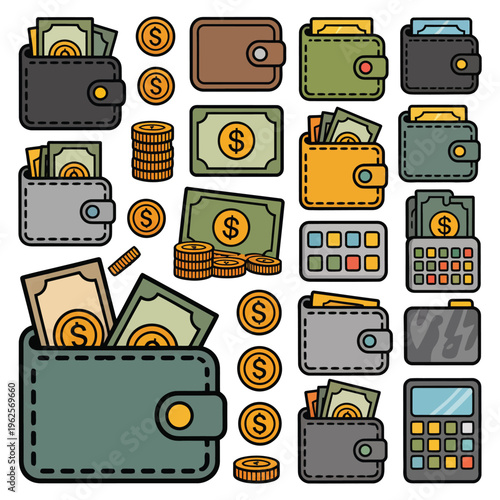 Wallet vector illustration containing various wallets and money