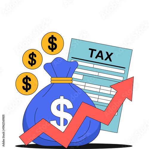 Money bag with tax form and increasing graph illustration
