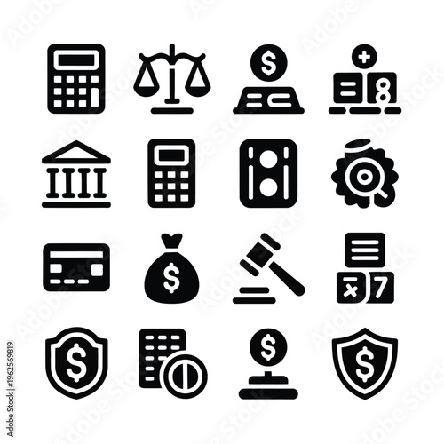 Finance icons set including calculator, money bag and shield with dollar sign