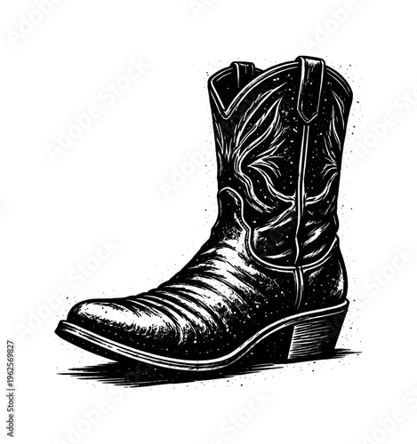 A rugged cowboy boot shown in three-quarter perspective, angled slightly forward so the pointed toe and raised heel dominate the lower frame while the shaft