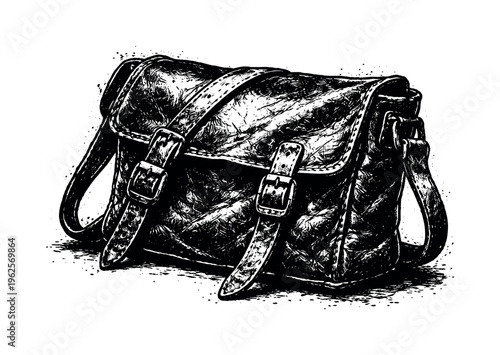 Old leather satchel bag shown in a slightly angled frontal view with the flap partially closed and straps hanging downward, enlarged to dominate the frame and