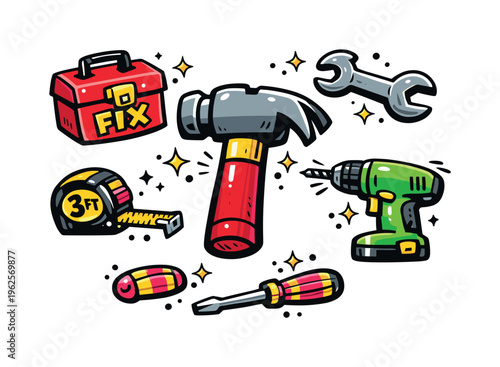 DIY tools themed collection of 6 bold, playful hand-drawn cartoon objects scattered freely on a white background at varying scales like a colorful sticker sheet