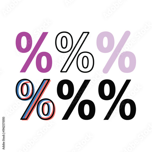 Percent sign vector icons in different styles and colors
