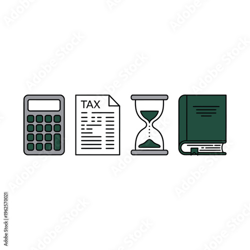 Calculator and tax documents with hourglass and book on a white background