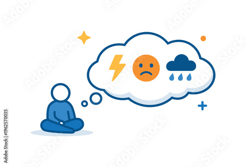 Emotional detachment and observing thoughts without reaction in mindfulness practice or stress management, a small figure outside a thought cloud watching it from a distance