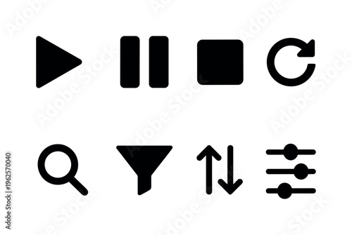 UI content controls: play button, pause button, stop button, refresh arrow, search icon, filter funnel, sort arrows, settings sliders