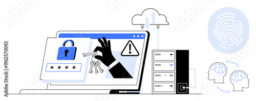 Cybersecurity, data protection, identity verification, cloud storage, online safety, hacking prevention. A hand holding keys over a laptop with a padlock and warning icon. Cybersecurity and data