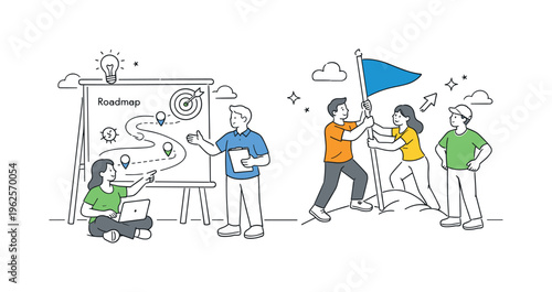 A workplace planning and leadership scene representing team setup as a step toward achieving business goals, where a coordinated group organizes and prepares for execution around