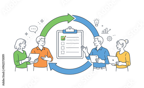 Project team coordinating task handoffs and maintaining smooth workflow continuity during a shared progress review in a structured office environment, visual