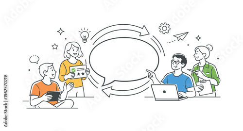 A product feedback loop and continuous improvement scene showing users and developers exchanging insights and refining features together around a large speech bubble and a simple
