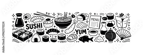 Sushi and Japanese Food theme  a dense horizontal doodle collage of  hand-drawn sushi and Japanese cuisine elements packed tightly together on a white