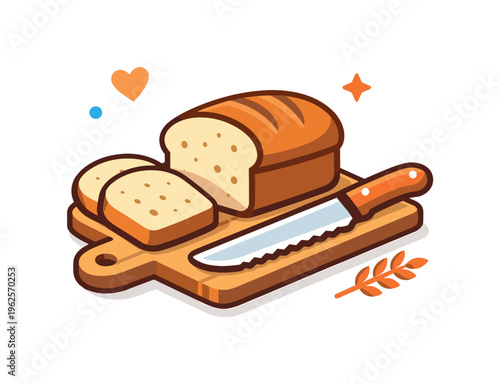 Morning bakery bread slicing routine influenced by traditional breakfast preparation habits and appreciation of fresh bread culture, a loaf paired with a knife and a small cutting