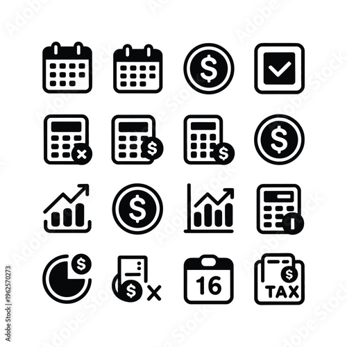 Finance icons set including calendar, calculator and money symbols